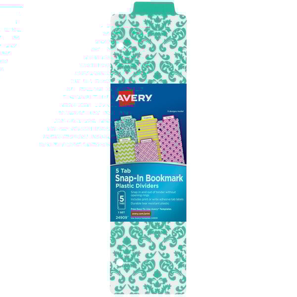 A close-up of Avery Snap-In plastic bookmark dividers with a blue label and white text.