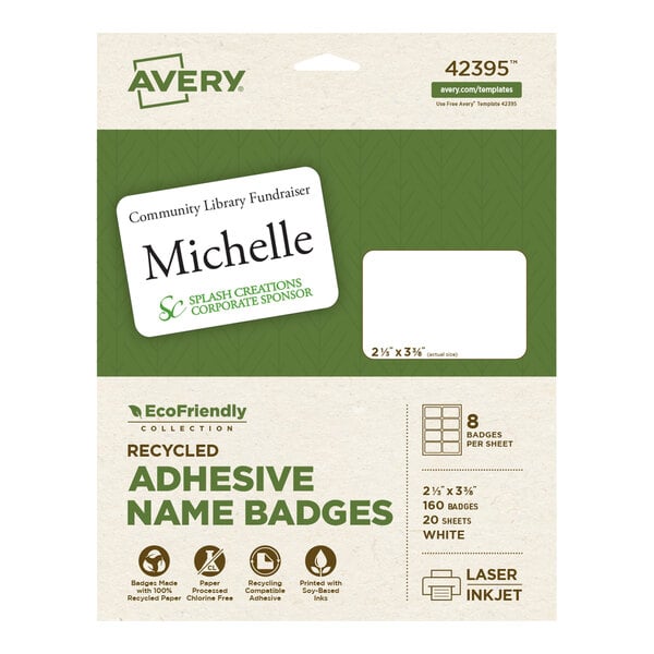 Avery® 42395 2 1/3" x 3 3/8" Ecofriendly White Adhesive Name Badge Labels - 160/Pack