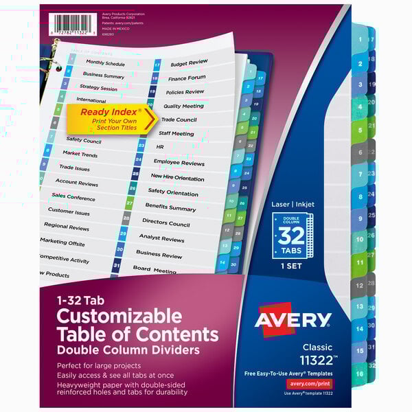 A package of Avery® double-column multi-color tabbed dividers for a 3-ring binder.