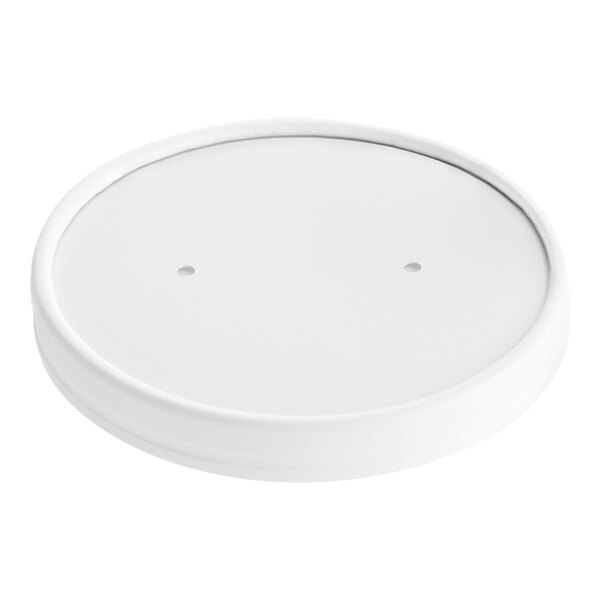 A white vented lid for a round white paper soup cup.