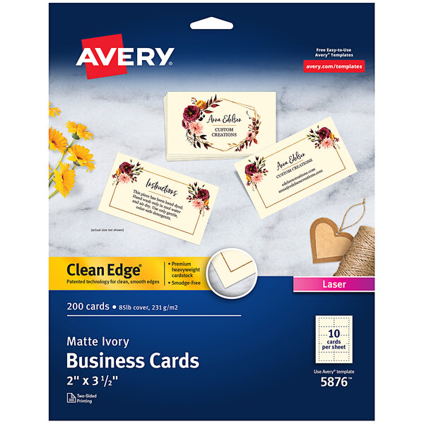 A box of uncoated ivory Avery® clean edge business cards.