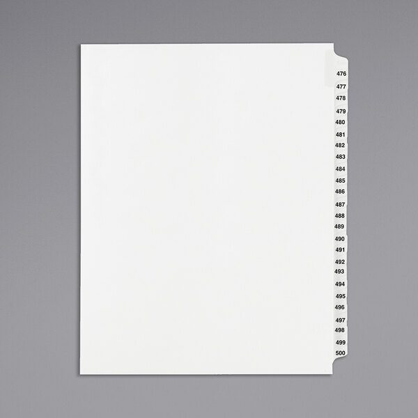 A white paper with black numbers and 476-500 tabs.