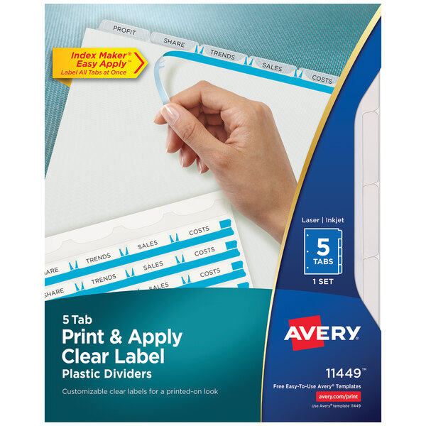 A hand holding a clear plastic label with white background for Avery Index Maker plastic dividers.