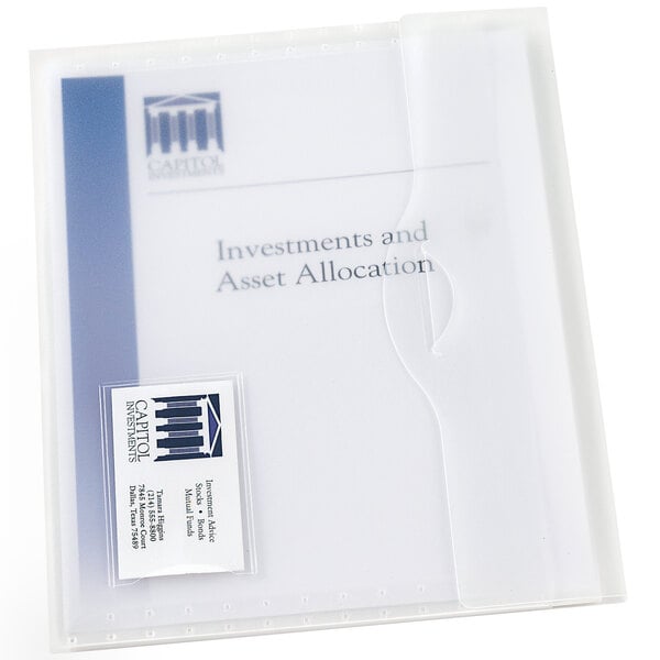 An Avery translucent document wallet with a label on the cover.