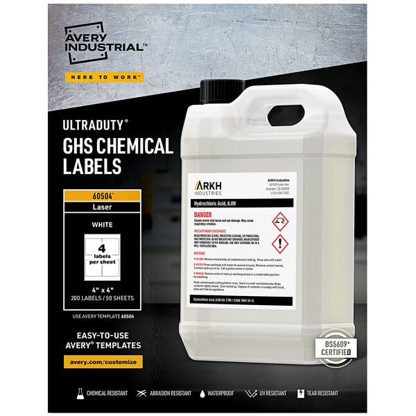 A white container of Avery UltraDuty GHS chemical labels with black text.