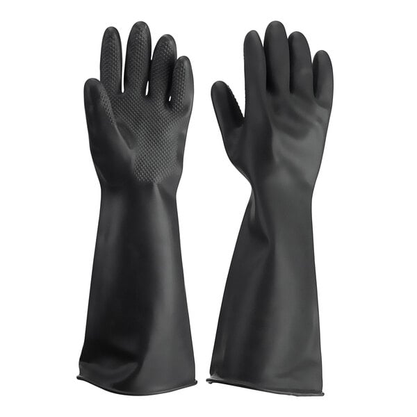 A pair of black Winco natural latex rubber gloves.