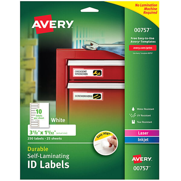 A package of Avery white rectangular self-laminating ID labels.