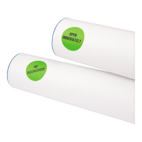 A roll of white paper with green round Avery labels.