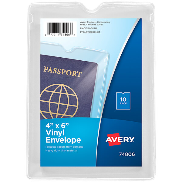 A blue and white plastic package of Avery clear vinyl document envelopes with a passport in it.