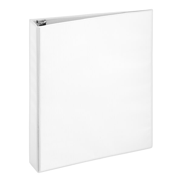 A white Avery Economy View binder with 1 1/2" round rings and a white cover.