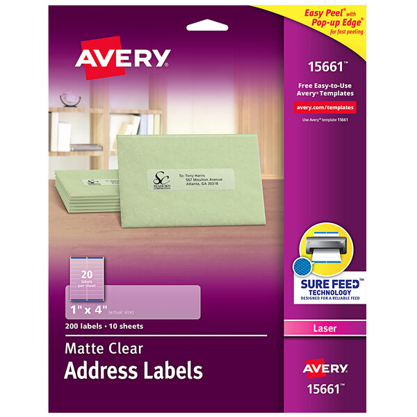 A package of Avery matte clear address labels with a white background.