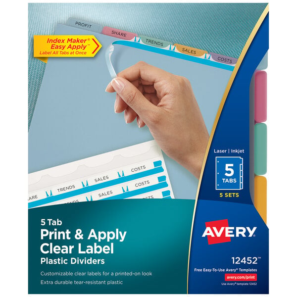 A hand holding a clear plastic label from Avery 12452 Index Maker dividers.