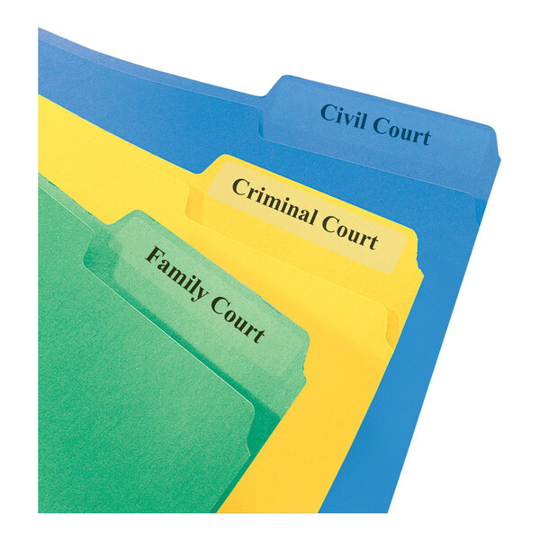 A white file folder with an Avery clear top tab label with black text.