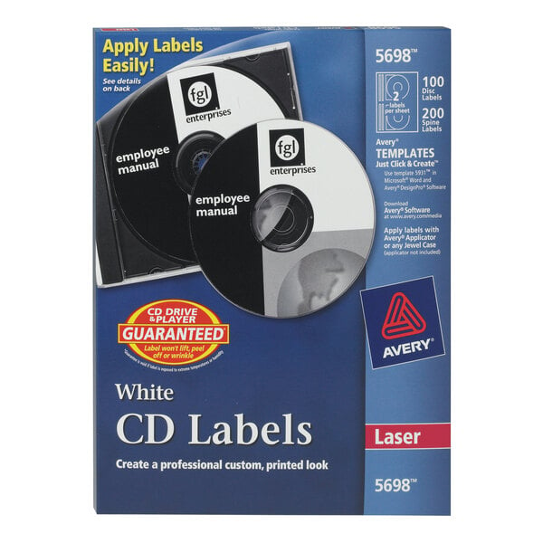 A blue box of 100 white matte CD labels with black text.