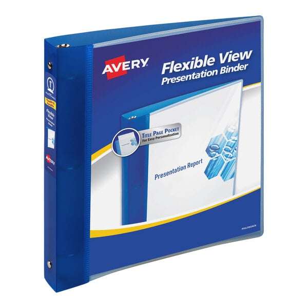 A blue Avery Flexi-View binder with white text on the cover.