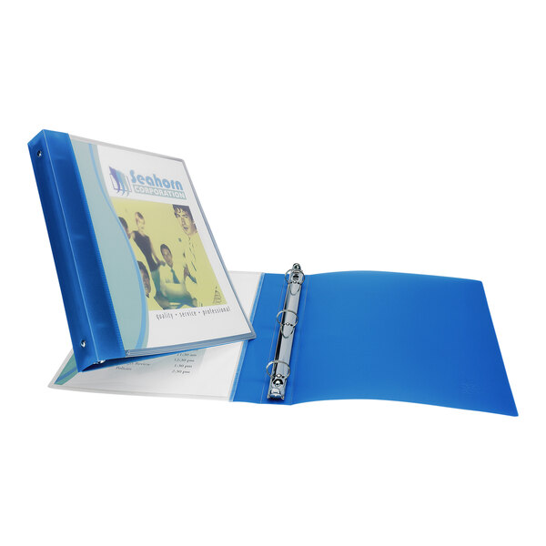 A blue Avery Flexi-View binder with a blue cover.