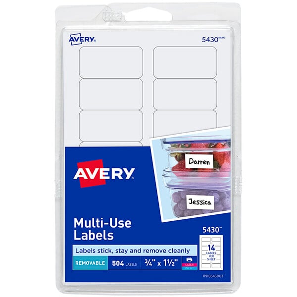 A package of white rectangular Avery multi-use labels.