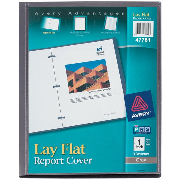 An Avery® gray lay flat report cover with flexible fasteners.