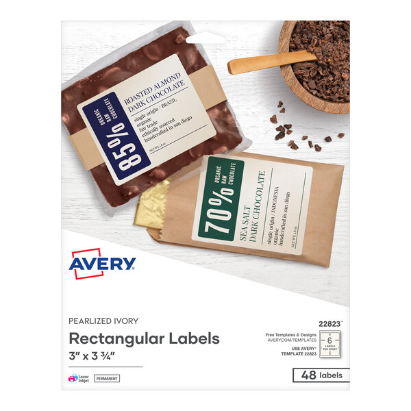 A package of Avery rectangular pearlized ivory labels with a white background.