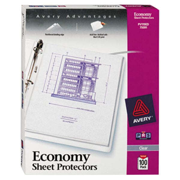 A white box of Avery clear economy weight sheet protectors with a blue and white label.