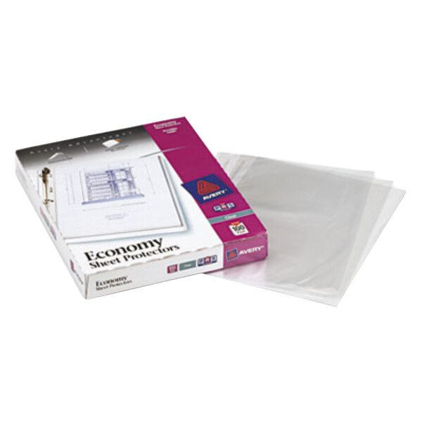 A box with a stack of clear plastic Avery sheet protectors.