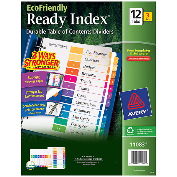 A package of Avery EcoFriendly Ready Index table of contents dividers with green and white labels.