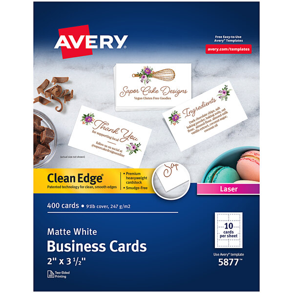 A box of white uncoated Avery business cards.