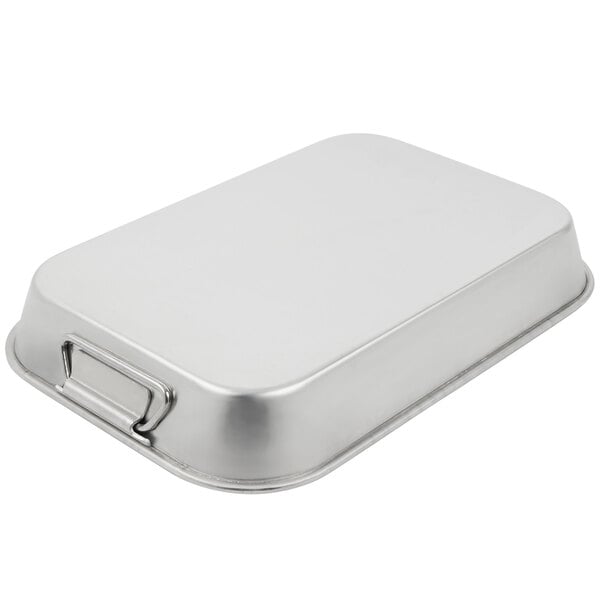 A silver rectangular metal Vollrath Wear-Ever roasting pan with handles.