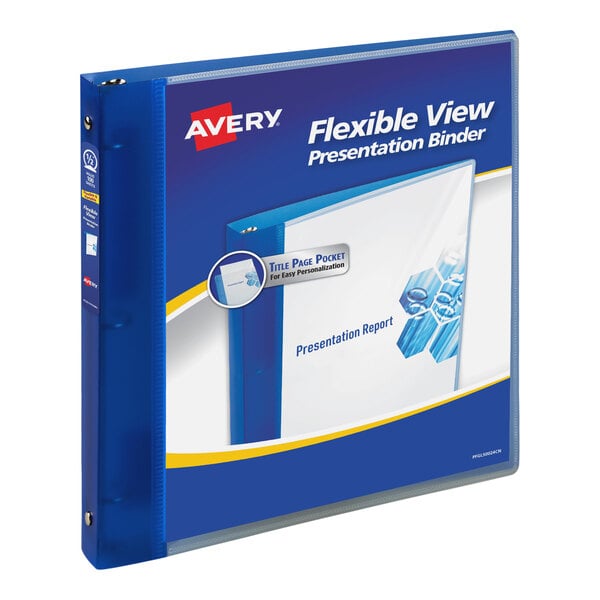 An Avery blue Flexi-View binder with a white label on the cover.