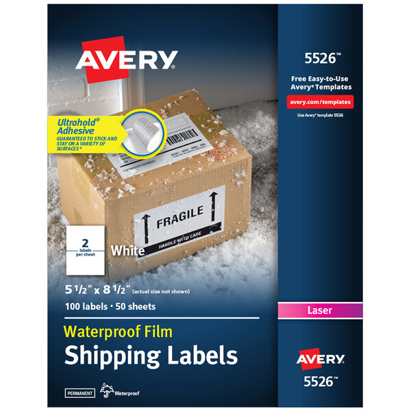 A package of Avery 5526 water-resistant white shipping labels with a label on the box.