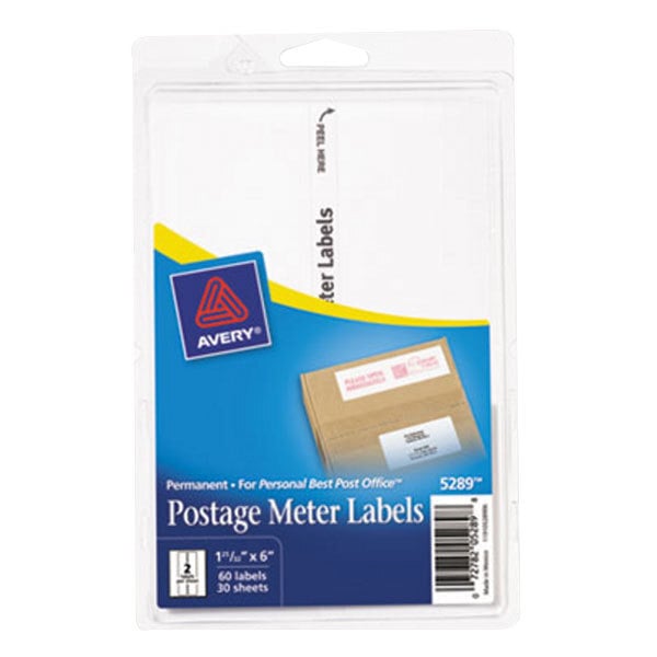 A package of white rectangular Avery postage meter labels with a blue and yellow Avery logo.