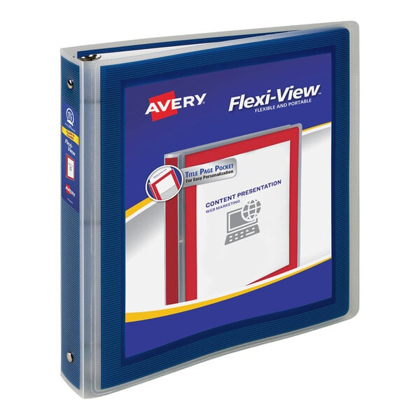 An Avery navy blue Flexi-View binder with a white logo.