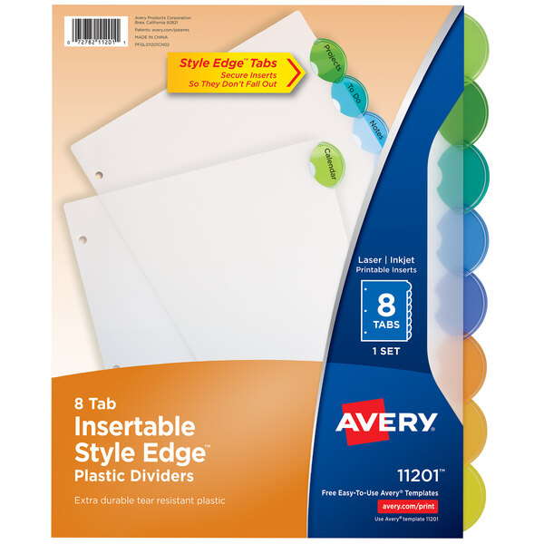 A box of Avery translucent plastic dividers with blue and green tabs.