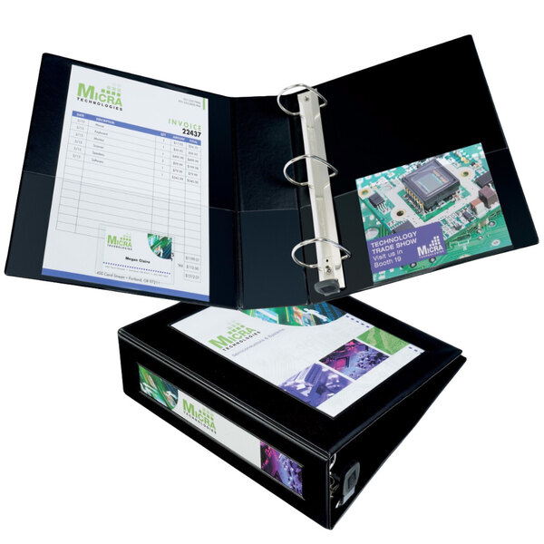 A black binder with a white label on the spine.