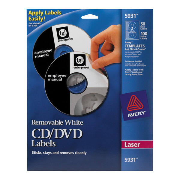 A blue package of Avery Matte White CD/DVD Labels with a white background.