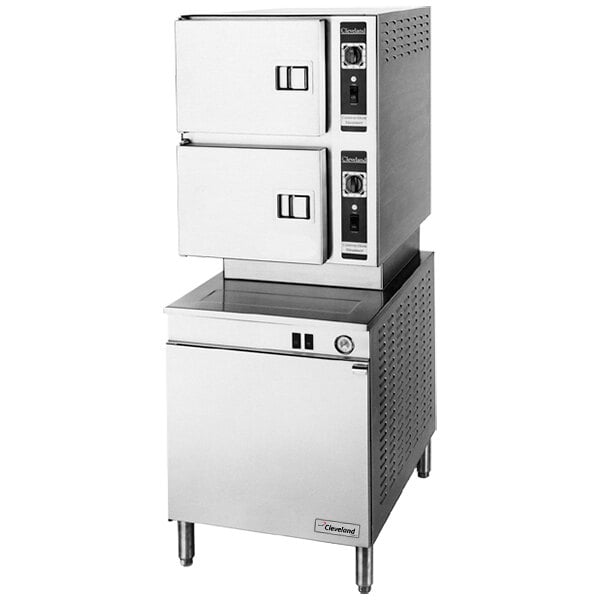 A large stainless steel Cleveland electric convection floor steamer.