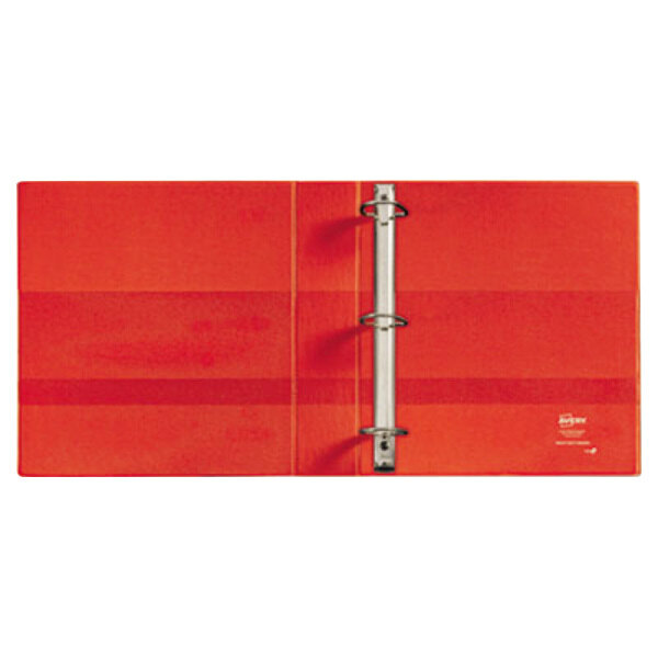 A red binder with a silver metal ring on the front.