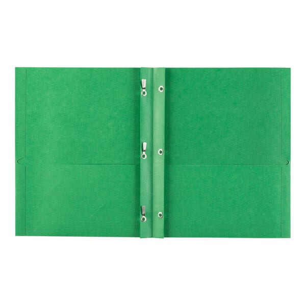 A green Avery file folder with metal clips on the corners.