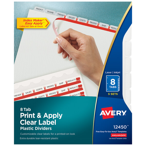 A hand holding a box of Avery Index Maker clear plastic label dividers with a blue and white label on a strip of paper.