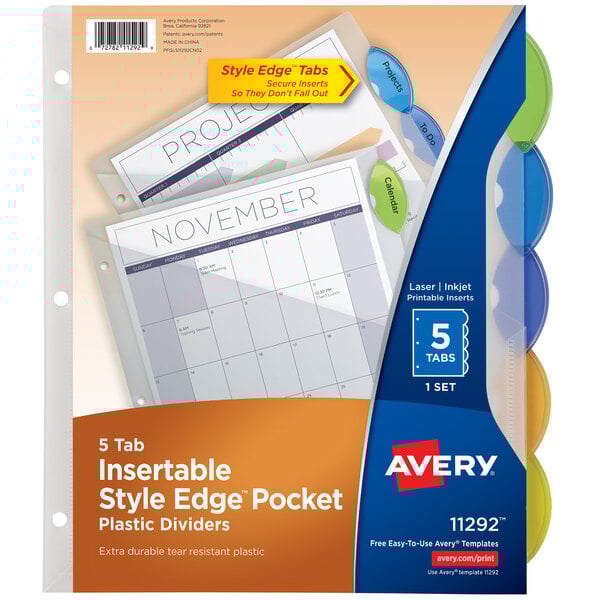 A plastic folder with Avery Style Edge translucent plastic 5-tab dividers with blue and green labels.