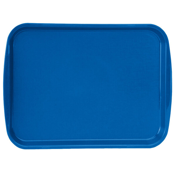 A royal blue rectangular plastic fast food tray with built-in handles.