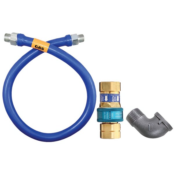 A blue flexible hose with a coupler and black pipe.