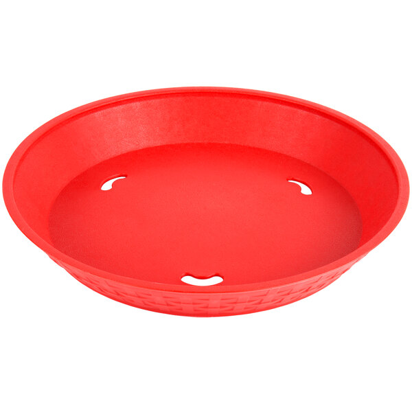 A red plastic diner platter with a hole in the middle.