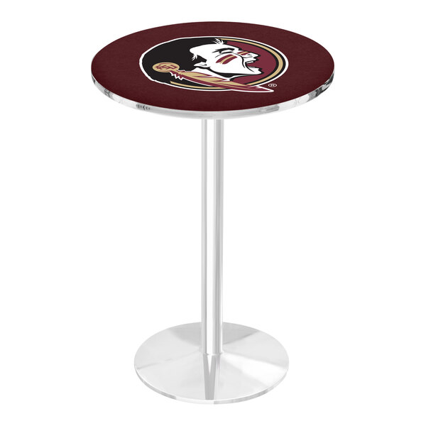 A round counter height pub table with a chrome base and a Florida State University logo on the tabletop.