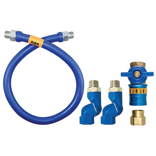 A blue Dormont gas connector hose with yellow fittings.