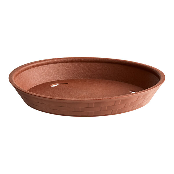 A brown round plastic diner platter with a hole in the bottom.