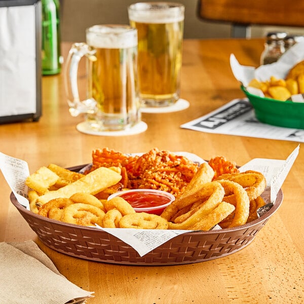 A brown plastic diner platter with food on a table.