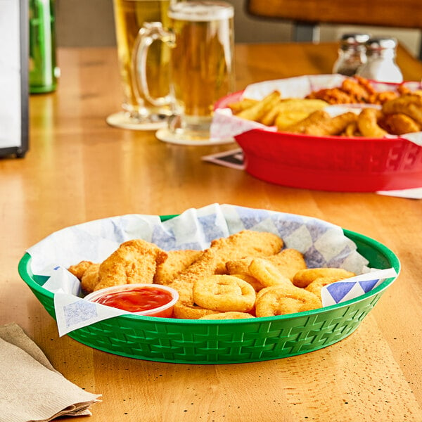 A green Choice diner platter with fried food on a table.