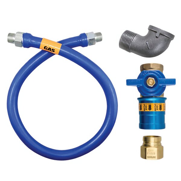 A blue flexible gas hose with a yellow label and hose fittings.