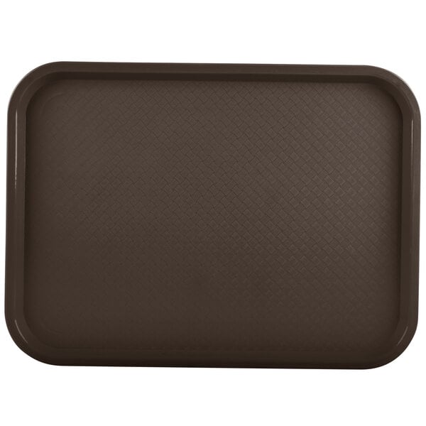 A brown rectangular Vollrath fast food tray on a table.